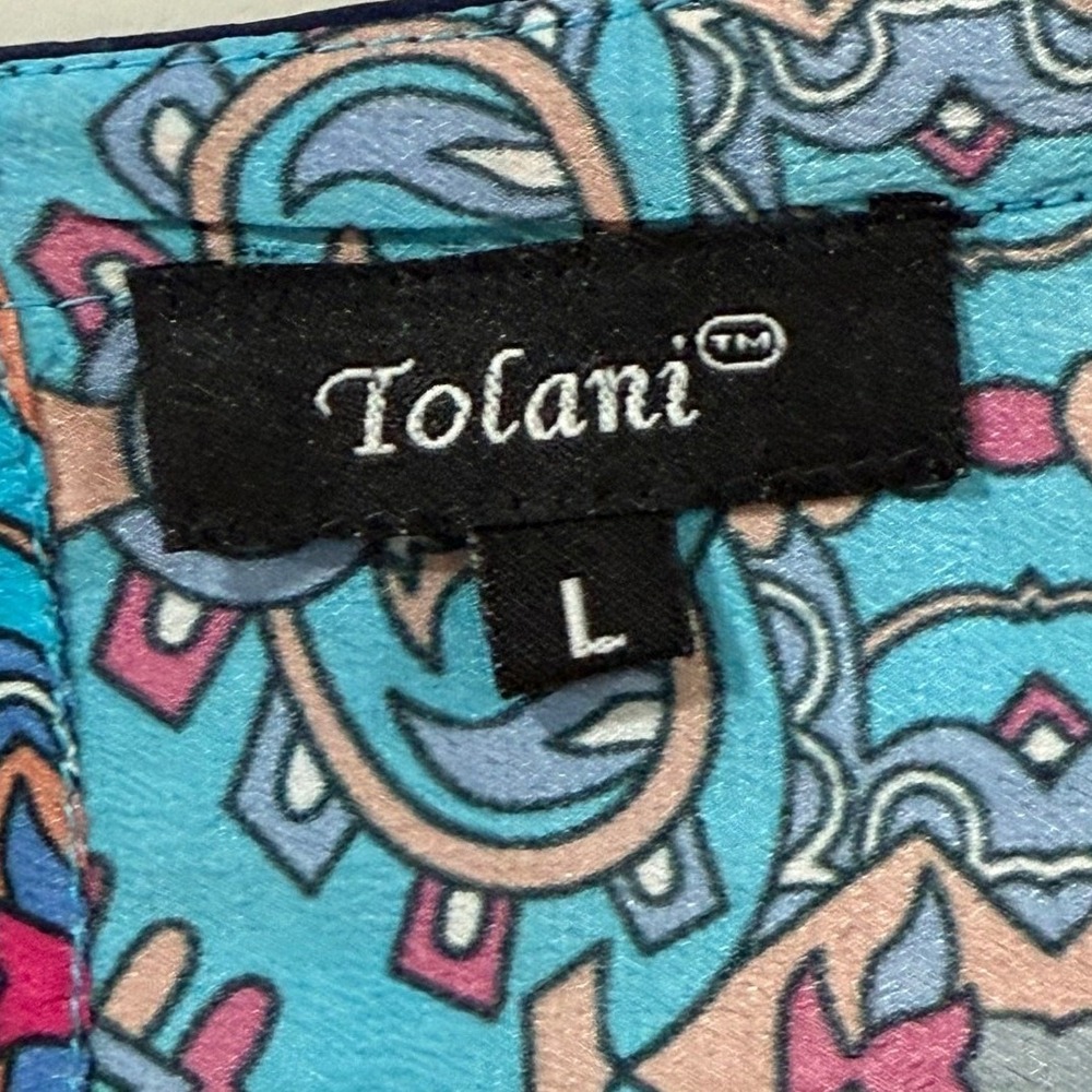 Tolani Womens Blue Silk Geometric Medallion Ruffle Hem Sleeveless Tunic Top L 94 - Picture 2 of 9